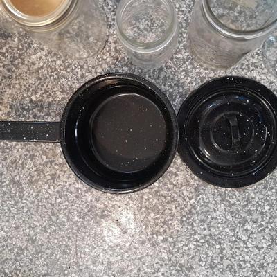 Pressure cooker, canning jars, and enamel pot with lid, and a MASON STAR JAR