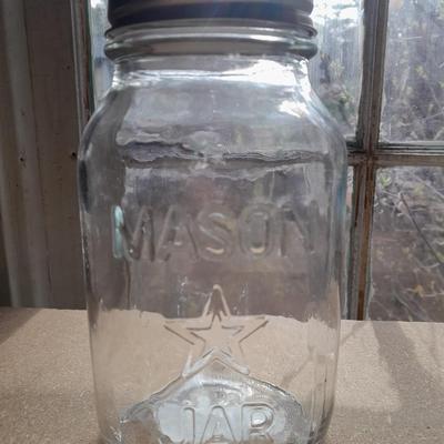 Pressure cooker, canning jars, and enamel pot with lid, and a MASON STAR JAR