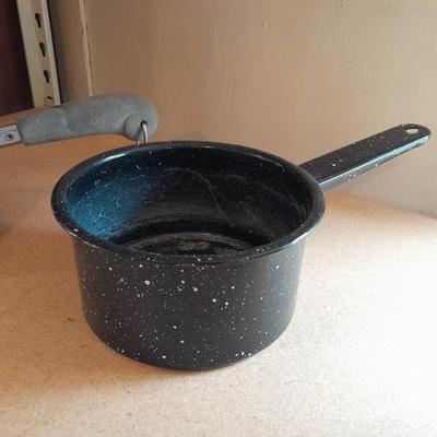 Two Stainless Revere ware saucepans with lids and an enamel pan with no lid