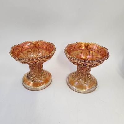 2 IMPERIAL GLASS MARIGOLD CARNIVAL GLASS PUNCH BOWL STAND COMPOTE
