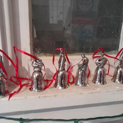 6 Reed & Barton 12 days of Christmas Bells and new/ vintage looking girl gift box ornaments