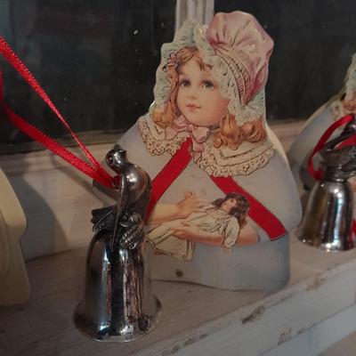6 Reed & Barton 12 days of Christmas Bells and new/ vintage looking girl gift box ornaments