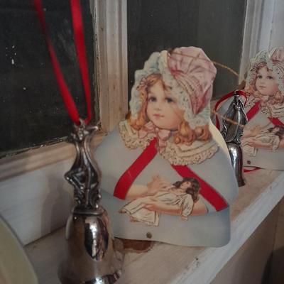 6 Reed & Barton 12 days of Christmas Bells and new/ vintage looking girl gift box ornaments