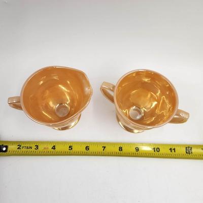 VINTAGE IRIDESCENT PEACH FIRE KING SUGAR & CREAM SET