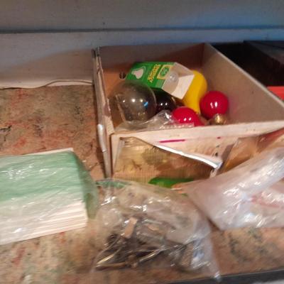 Tupperware organizer with lid, and an assortment of home hardware and lightbulbs