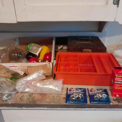 Tupperware organizer with lid, and an assortment of home hardware and lightbulbs