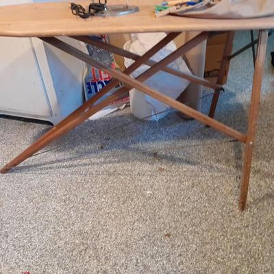 Antique wooden Ironing board and Vintage electric Clothes Iron with clothespins in bag