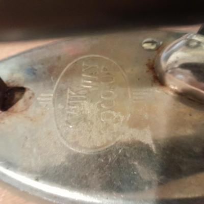 Antique wooden Ironing board and Vintage electric Clothes Iron with clothespins in bag