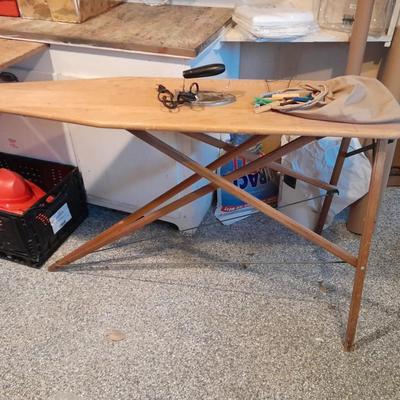 Antique wooden Ironing board and Vintage electric Clothes Iron with clothespins in bag