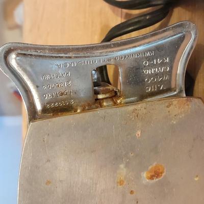 Antique wooden Ironing board and Vintage electric Clothes Iron with clothespins in bag