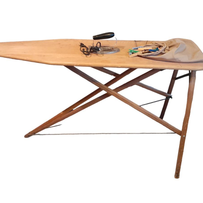 Antique wooden Ironing board and Vintage electric Clothes Iron with clothespins in bag