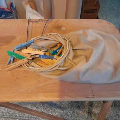 Antique wooden Ironing board and Vintage electric Clothes Iron with clothespins in bag