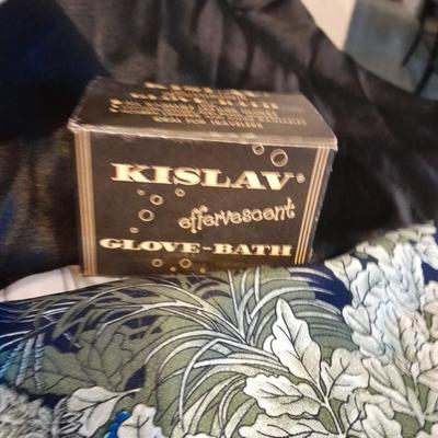 Silk scarves, Blue gloves, vintage glove-bath, a hand fan, and lenox vase