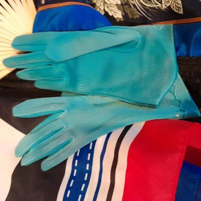 Silk scarves, Blue gloves, vintage glove-bath, a hand fan, and lenox vase