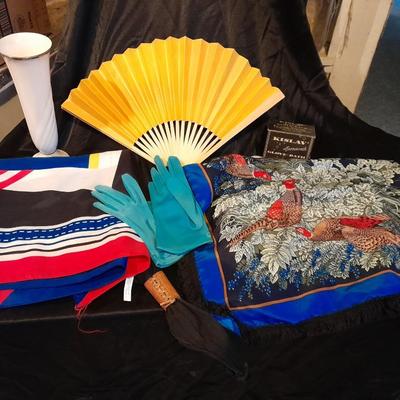 Silk scarves, Blue gloves, vintage glove-bath, a hand fan, and lenox vase