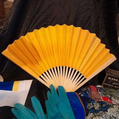 Silk scarves, Blue gloves, vintage glove-bath, a hand fan, and lenox vase