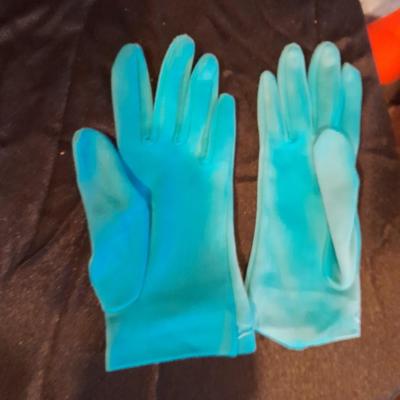 Silk scarves, Blue gloves, vintage glove-bath, a hand fan, and lenox vase