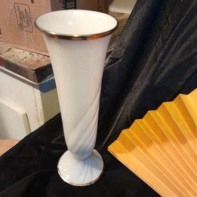 Silk scarves, Blue gloves, vintage glove-bath, a hand fan, and lenox vase