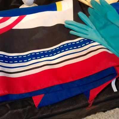 Silk scarves, Blue gloves, vintage glove-bath, a hand fan, and lenox vase