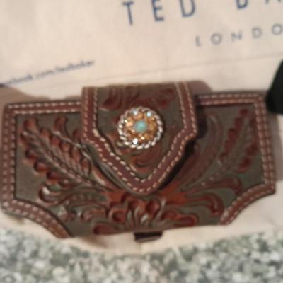 Purses, black leather purse, leather phone belt clip case, London cloth shopping bag, and more