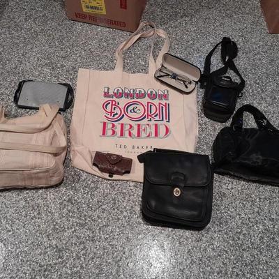 Purses, black leather purse, leather phone belt clip case, London cloth shopping bag, and more