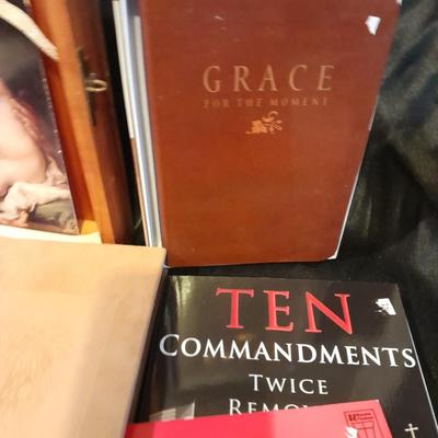 Religious books, and a Bible in wooden box