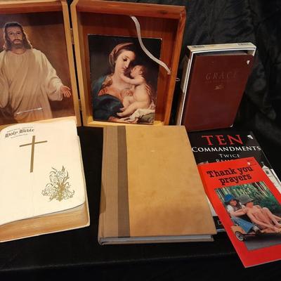 Religious books, and a Bible in wooden box
