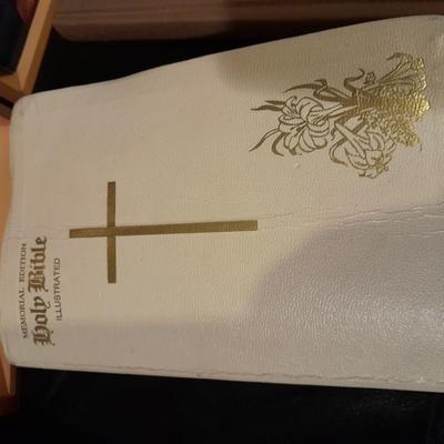 Religious books, and a Bible in wooden box