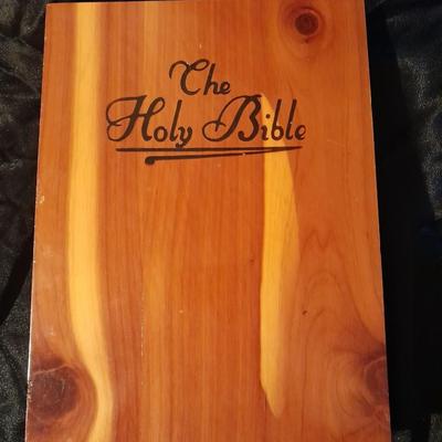 Religious books, and a Bible in wooden box