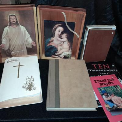 Religious books, and a Bible in wooden box