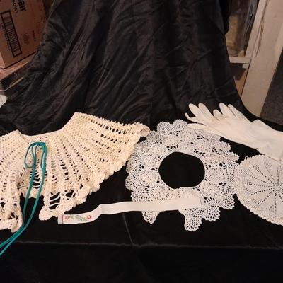 Vintage hand knitted collars and doily and a pair of white gloves