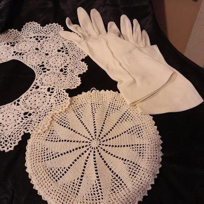 Vintage hand knitted collars and doily and a pair of white gloves