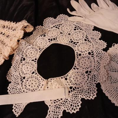 Vintage hand knitted collars and doily and a pair of white gloves