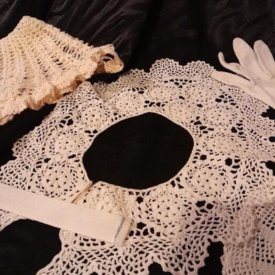 Vintage hand knitted collars and doily and a pair of white gloves