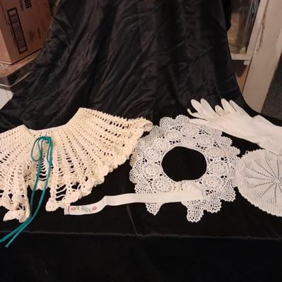 Vintage hand knitted collars and doily and a pair of white gloves