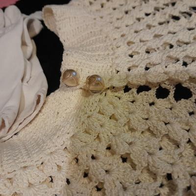Vintage hand knitted collar, two pink rectangle doily's, and a pair of white gloves