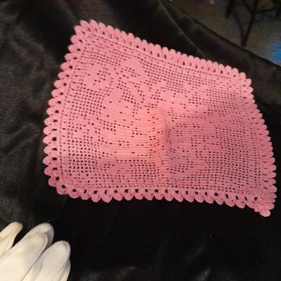 Vintage hand knitted collar, two pink rectangle doily's, and a pair of white gloves
