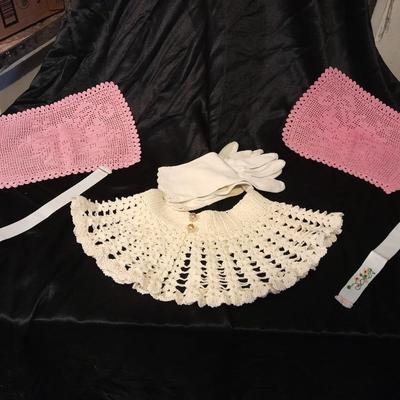 Vintage hand knitted collar, two pink rectangle doily's, and a pair of white gloves