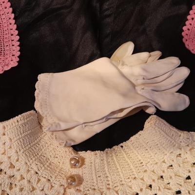 Vintage hand knitted collar, two pink rectangle doily's, and a pair of white gloves