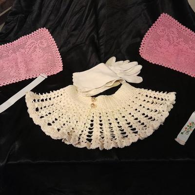 Vintage hand knitted collar, two pink rectangle doily's, and a pair of white gloves