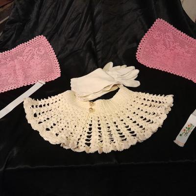 Vintage hand knitted collar, two pink rectangle doily's, and a pair of white gloves