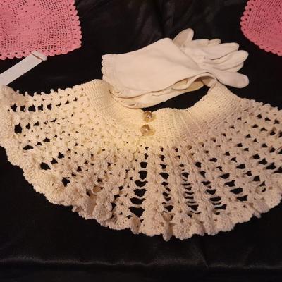 Vintage hand knitted collar, two pink rectangle doily's, and a pair of white gloves