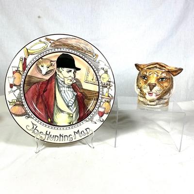 1380 Antique Majolica Tobacco Humidor with Royal Doulton "The Hunting Man" Plate