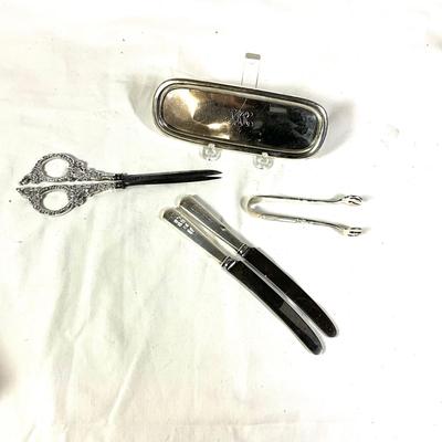 1381 Antique Sterling Handled Scissors, Small Tray and Tongs