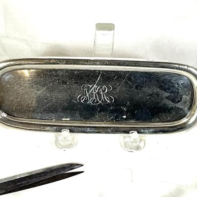 1381 Antique Sterling Handled Scissors, Small Tray and Tongs