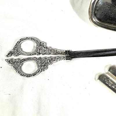 1381 Antique Sterling Handled Scissors, Small Tray and Tongs