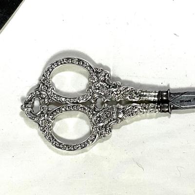 1381 Antique Sterling Handled Scissors, Small Tray and Tongs