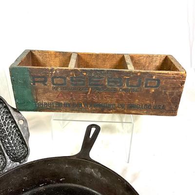 1382 Vintage Griswold No. 272 Cornerwheat Stick Pan with Cast Iron #8 Fryer and Rosebud Cheese Box