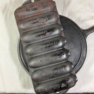 1382 Vintage Griswold No. 272 Cornerwheat Stick Pan with Cast Iron #8 Fryer and Rosebud Cheese Box
