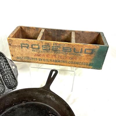 1382 Vintage Griswold No. 272 Cornerwheat Stick Pan with Cast Iron #8 Fryer and Rosebud Cheese Box